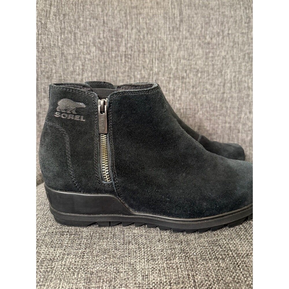 Sorel Evie Zip Waterproof Suede Ankle Boots Black Women's Size 8 Chelsea Booties